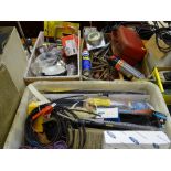 Two tubs and a box of various car parts, accessories and spanners