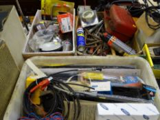 Two tubs and a box of various car parts, accessories and spanners