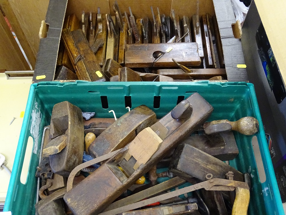 Box of vintage moulding planes and a crate of vintage block planes