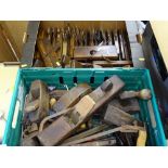 Box of vintage moulding planes and a crate of vintage block planes