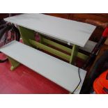 Painted wooden garden table and two bench seats