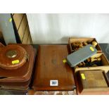 Two cased gent's vanity sets, mahogany stationery box, chess pieces etc (a parcel)