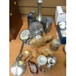 Parcel of white metalware, carved treen, pewter etc