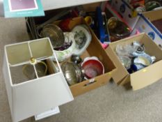 Three boxes of mixed porcelain, kitchen items, electroplate, table lamp, boxed carving set etc (a