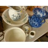 Well presented Staffs wash set and a blue and white lidded twin handled vase