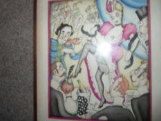 TONY WYSARD watercolour - cartoon of revellers and CanCan girls