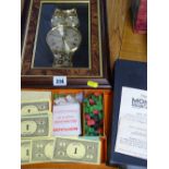 Novelty owl framed clock and a vintage Monopoly set