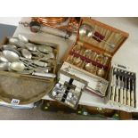 Parcel of cased and uncased flatware, brass tray etc