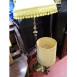 Brass standard lamp with tasselled shade and a brass table lamp with shade E/T