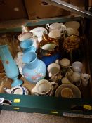 Box of mixed porcelain including Gaudy Welsh, milk glass vases, copper lustre etc