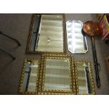 Two bevelled glass wall mirrors, gilt framed dressing table mirror, long handled copper warming pan