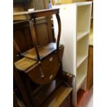 Small polished drop leaf coffee table, a glass topped square table with base shelf and a white