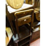 Two box seat piano stools, a small circular topped stool and a polished shelved coffee table