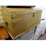 Good stripped pine dome lidded chest with end metal handles
