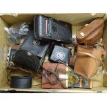 Box of vintage camera equipment including Zeis, Ikon, Nettar, Envoy, Yeighandr? etc