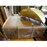 Banded hard canvas trunk initialled 'J M W' and a beaten brass swing handled log carrier