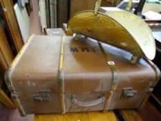 Banded hard canvas trunk initialled 'J M W' and a beaten brass swing handled log carrier