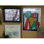 Colourful framed woolwork depicting artist's materials, watercolour - river scene etc