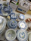 Large quantity of blue and white china including washbasin and jug set etc