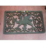 Interesting oblong wrought iron panel/grid with scrolled decoration and a centre rampant Welsh