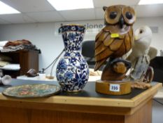 Carved owl, Continental vase, brass plates and a Franklin Mint model of a barn owl
