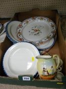 Box of mixed porcelain including series ware jug, Staffs platters etc