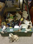 Box of mixed porcelain including Staffs preacher, Sylvac dog, Tuscan woodpecker etc