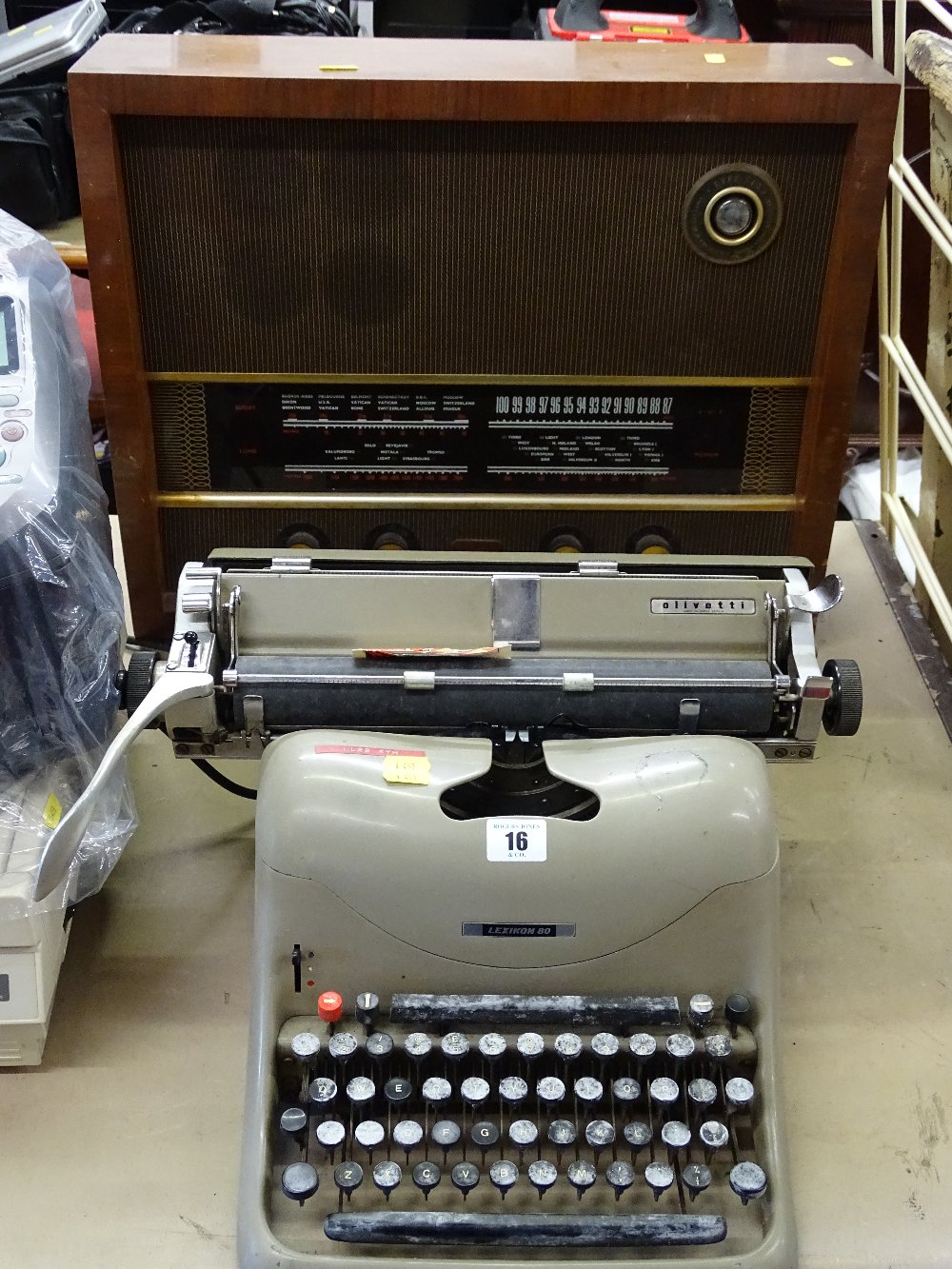 Vintage Lexikon 80 typewriter by Olivetti and a vintage Murphy radio