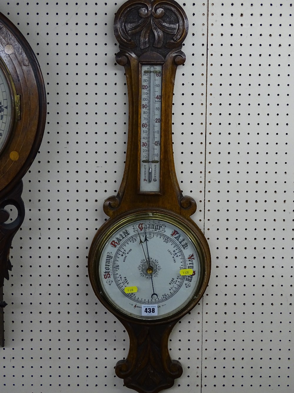 Vintage oak aneroid barometer with thermometer