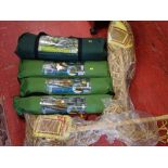 Parcel of three small fishing tents, a three person tent and two bagged wooden bead door curtains (