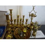 Parcel of ornamental brassware including several candlesticks, ornamental dragon etc