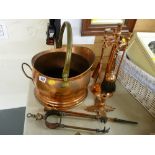 Copper helmet coal scuttle, copper fire irons etc