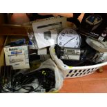 Box of various electrical items, ultrasonic cleaner, telephone system etc and a small washing basket