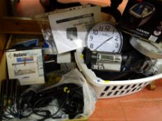Box of various electrical items, ultrasonic cleaner, telephone system etc and a small washing basket