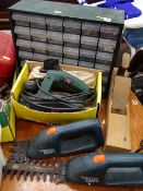 Bosch PHO1582 500w electric planer, a pair of small Black & Decker hedge trimmers, block plane and a