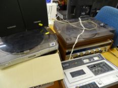 Zenox turntable, Toshiba speakers, a parcel of vintage audio equipment, a Technics cassette desk,