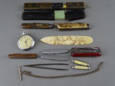 Collection of antler mounted and other pocket knives, a base metal Ingersol pocket watch, an