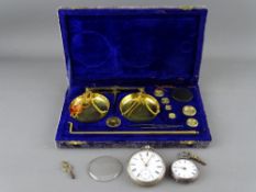 Cased set of portable scales and weights and two vintage silver cased pocket watches