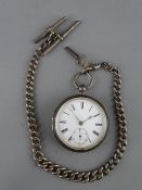 John Lawton, Sheffield keywind silver cased pocket watch with key on an Albert fob chain with two