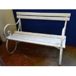 White painted metal ended garden bench with wooden slats