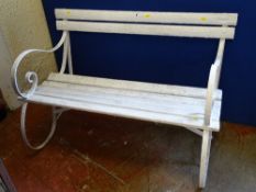White painted metal ended garden bench with wooden slats