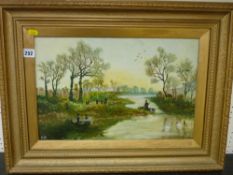 Primitive oil on board - river boating scene, initialled 'E W' and dated 1902, 29 x 45 cms