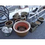 Collection of various glazed & terracotta garden pots (outside)
