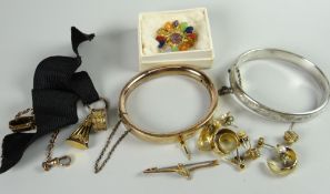Parcel of yellow metal items including earrings, bar brooch, bangle together with a hallmarked