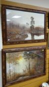 Two decoratively framed prints of Scottish Highland scenes with deer & woodland by COULSON