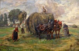 MAX KROMBACH (1867-1947) oil on canvas - large painting of a harvest scene with two bridle