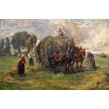 MAX KROMBACH (1867-1947) oil on canvas - large painting of a harvest scene with two bridle