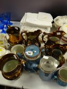 Collection of copper lustre jugs, royal commemorative ware & parcel of table linen etc