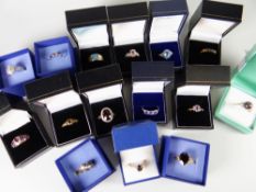Sixteen dress rings in boxes including morganite, Neptune topaz, amethyst etc mainly QVC