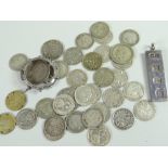 Hallmarked silver ingot set, a brooch set 1816 silver coin together with a parcel of silver